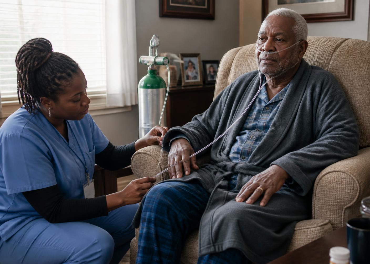 Caregiver checking oxygen tubing safety for a senior man at home